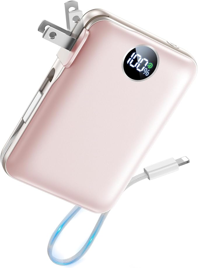 Portable Charger 10000mAh with Built-in Cables and AC Wall Plug, 22.5W Fast Charging Power Bank with LED Display for iPhone 17/16, Samsung, Android Devices, Camping, Road Trips and Travel, Pink