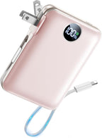 Portable Charger 10000mAh with Built-in Cables and AC Wall Plug, 22.5W Fast Charging Power Bank with LED Display for iPhone 17/16, Samsung, Android Devices, Camping, Road Trips and Travel, Pink