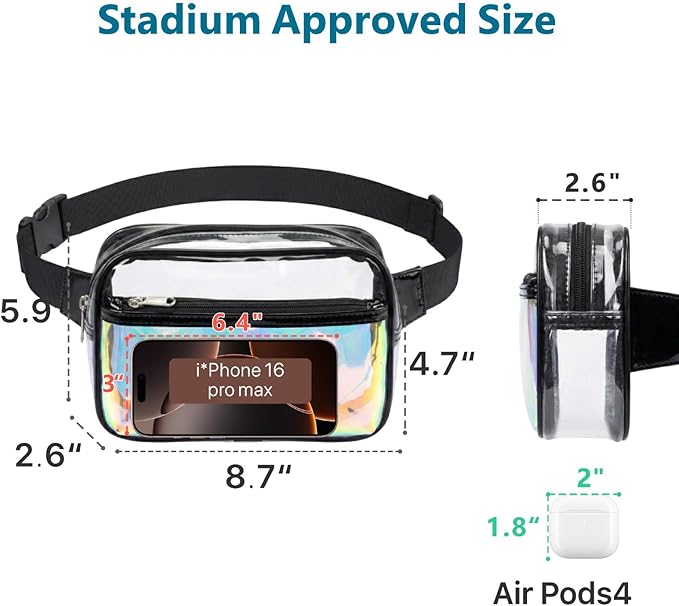 Veckle Holographic Fanny Pack for Women - Plus Size 35-51 Inch Iridescent Clear Belt Bag, Adjustable Crossbody Waist Bag for Concert, Festivals, Raves, Theme Parks, Black