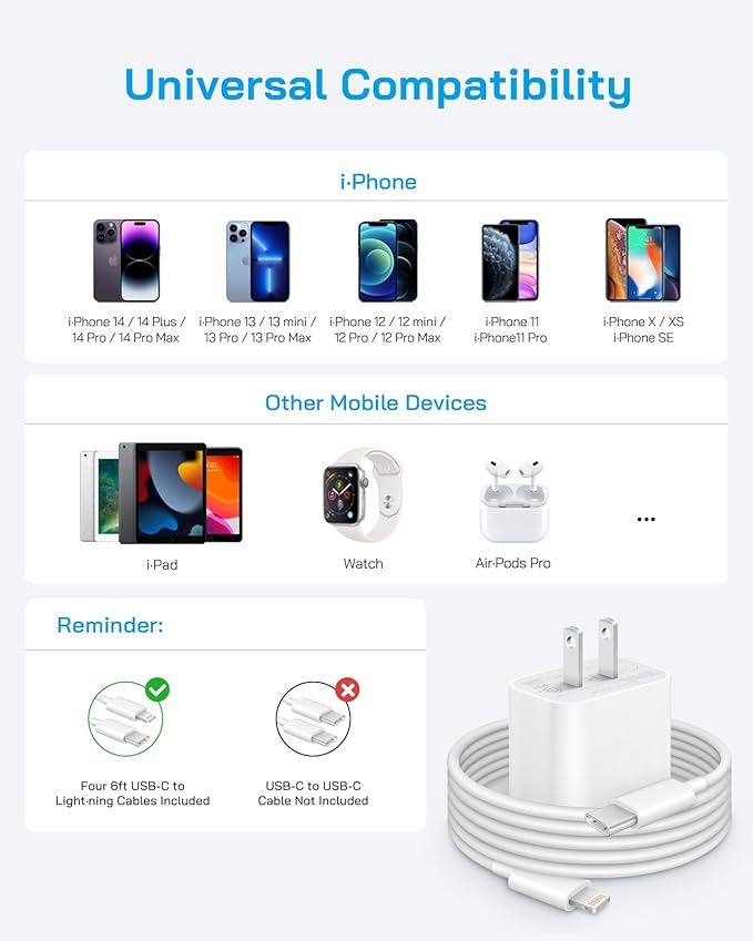 AISNI iPhone Charger Fast Charging 4 Pack 20W PD USB C Charger Block with 6 FT MFi-Certified Type C Fast Charging Cable Compatible for iPhone 14/13/12/11 Pro Max/Xs Max/XR/X,iPad-White