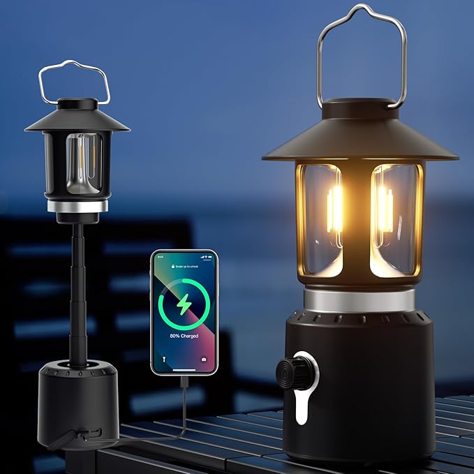 Camping Lantern Rechargeable, Telescopic 8000mAh Retro Waterproof Camping Light, Electric Lanterns for Power Outages, Vintage Hurricane Lamp for Tent Outdoor Patio RV Fishing