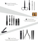 Professional Stainless Steel Nail Clipper Travel & Grooming Kit Nail Tools Manicure & Pedicure Set of 15pcs with Luxurious Case (Black/Yellow)