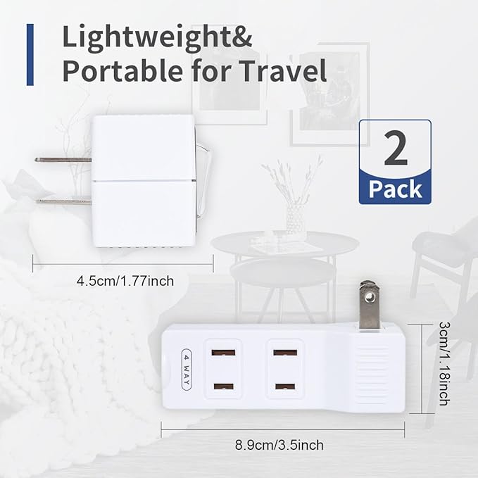 SYCON 4 Outlet Wall Adapter with A Power Switch and Night Light, 2-Prong Extender Adapter Plug with 4 Electrical Outlets for Travel Home Hotel Office-White, 2 Pack