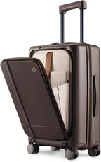 NINETYGO Carry On Luggage 22x14x9 Airline Approved, 20 Inch Suitcase with Front Compartment, Coffee-Infused PC Hard Shell, Eco-Friendly, Cup Holder, Clamshell, TSA Lock, Spinner Wheels (Americano)