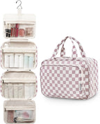Narwey Travel Toiletry Bag for Women Large Hanging Makeup Bag Organizer Toiletries Bag for Full Size Essentials Accessories Cosmetics (Dusty Pink Checkerboard (Large))