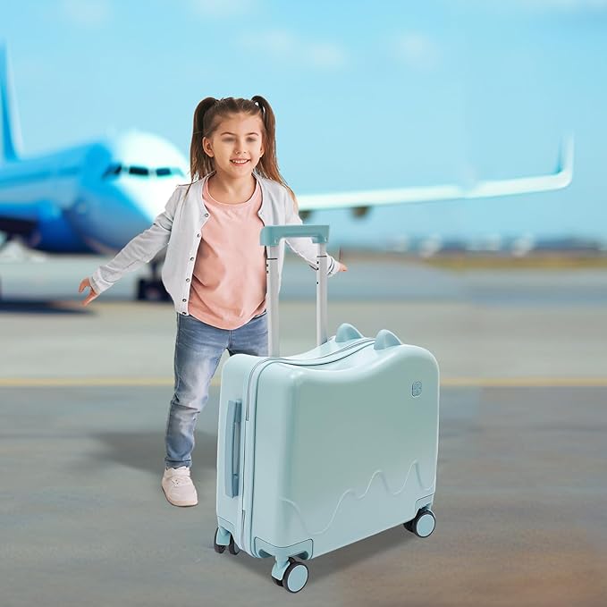 18" Kids Ride-On Suitcase,Children's Carry On Luggage Case,Rolling Luggage With Lock,Travel Trolley Case for Short Trips,School Trips,Outings (Sky blue)