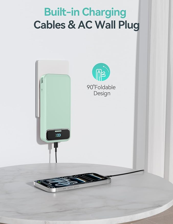 20000mAh Lightweight-Portable-Charger-Power-Bank with Built-in Cables and AC Wall Plug, PD20W USB-C Fast Charging Battery Pack, LED Display External Travel Phone Charger for All iPhone,Samsung,Android
