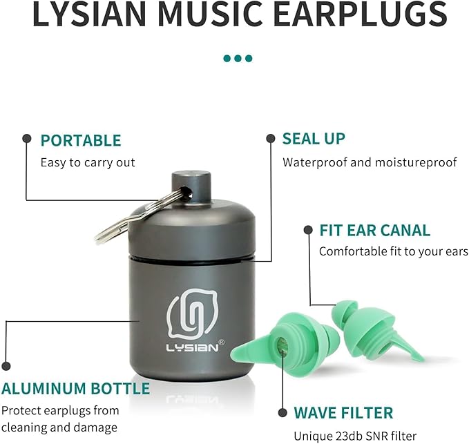 LYSIAN High Fidelity Concert Ear Plugs, 23dB Noise Reduction Musician Earplugs for Concerts, Festivals & Raves, Reusable Soft Earplugs with Aluminum Case, 2 Pairs Aqua