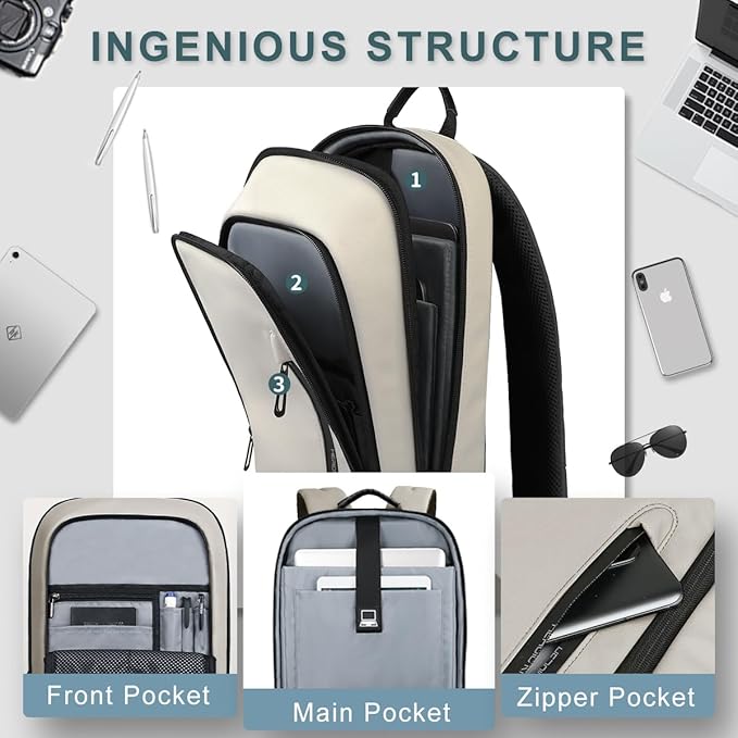 hk Backpack for Men Business Slim Backpack with USB Charger Computer Lightweight Anti-theft Travel (White, 15.6 Inch)