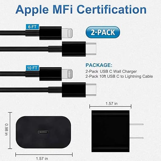 FEEL2NICE iPhone Charger Fast Charging 2 Pack Type C Wall Charger Block with 2 Pack [6FT&10FT] Long USB C to Lightning Cable for iPhone 14/13/12/12 Pro Max/11/Xs Max/XR/X,AirPods Pro,Black