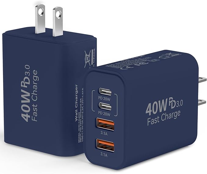 USB C Wall Fast Charger Block, 40W 4-Port Type C Charger Fast Charging Blocks PD Power Charger Adapter+QC 3.0 USB Multiport Charger Brick for Phone 17/16/15/14/13/12 Pro Max, Pad, GalaxyS25-Deep Blue