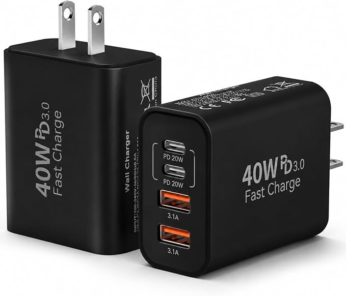 USB C Wall Fast Charger Block, 40W 4-Port Type C Chargers Fast Charging Blocks PD Power Charger Adapter+QC 3.0 USB Multiport Charger Brick for Phone 17/16/15/14/13/12 Pro Max, i-Pad, Galaxy S25-2Pack