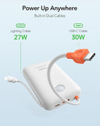 VIYISI Portable Charger 20000mAh 30W Fast Charging, Power Bank with Built-in Cables & LED Display, USB C Battery Pack for iPhone 16/15/14, Samsung, iPad and Android Phones, Ideal for Travel -White