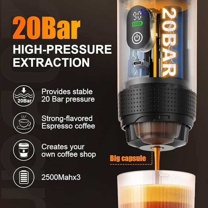 Portable Espresso Coffee Maker Rechargeable Self Heating Machine For Travel Car 3 in 1 Ground Coffee and NS Capsules 20 Bar Pressure Smart LED Display Camping Office With Stand Holder (GREY)