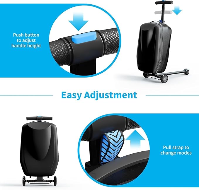 TABU 21" 3-D Hardshell Scooter Suitcase for Kid & Adult, Foldable Carry-on Scooter Luggage with Telescopic Handle, Multifunctional Lightweight Traveling Suitcase for Age 4-15, Black