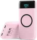 YHO Wireless Portable Charger 40800mAh for iPhone with Built-in Cables, Wireless Charging USB C Power Bank,25W PD Fast Charging Travel Essential Battery Pack for iPhone 17/16/15,Android-Pink