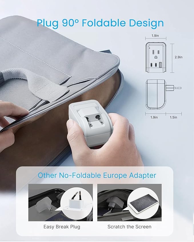 1 Pack European Travel Plug Adapter, VINTAR Foldable International Power Plug with 2 AC Outlets 3 USB Ports(2 USB C), Type C Travel Essentials Charger for US to Most of Europe EU Italy Spain France