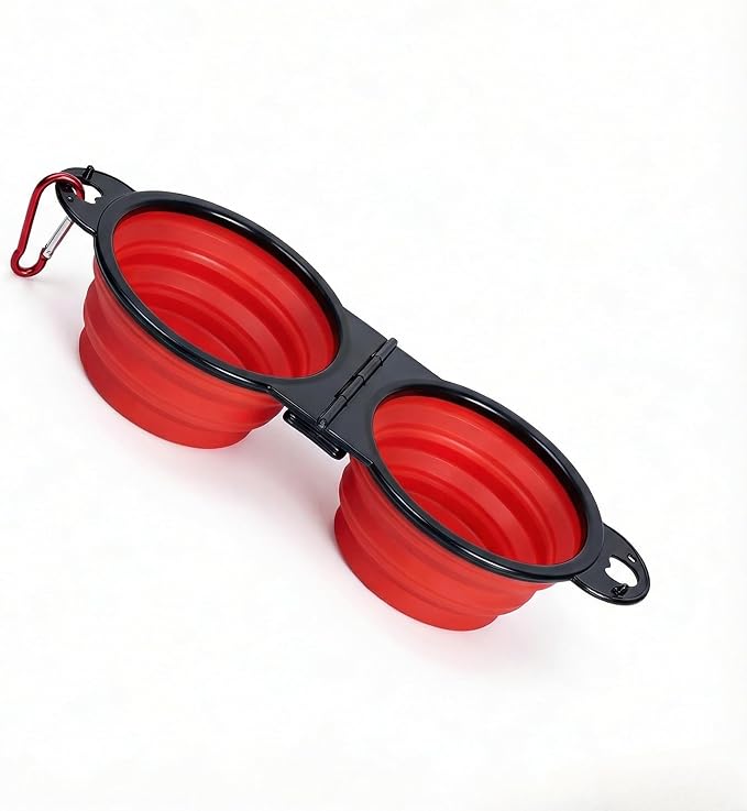 Collapsible Dog Bowls with Carabiner, Double Portable Travel Pet Bowls for Food and Water, Foldable Silicone Dog Bowl for Walking, Hiking, Camping, Small Medium Dogs and Cats,Red
