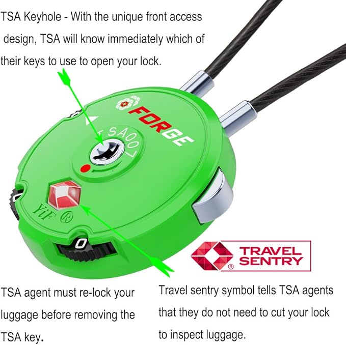 Forge Quality TSA Approved Luggage Locks for Travel Accessories, Suitcase, Pelican case, Ammo Boxes, Set Your own Combination, Zinc Alloy Body-Cable Green 2 Locks