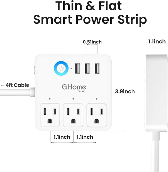 GHome Smart Power Strip Surge Protector 10A, Smart Plug that Works with Alexa & Google Home, 6 in 1 WiFi Outlets with APP Control, White Extension Cord 2.4G WiFi Only, ETL FCC Listed, No Hub Needed