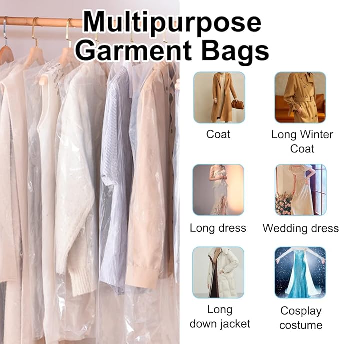 BEISHIDA 50PCS 60 Inch Plastic Garment Bag-Plastic Clear Dry Cleaner Laundry Bags for Clothes Cover, Hanging Clothes Storage for Long Dresses Skirt Coat Suit Shirt Jacket