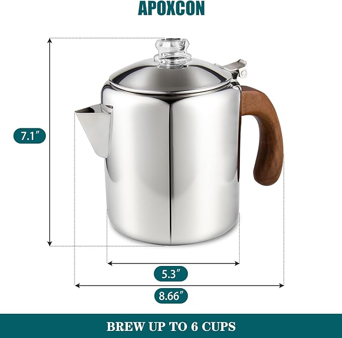 APOXCON Coffee Percolator Stainless Steel Coffee Maker with Fireproof Solid Wood Handle & Tough Glass Clear Brew Progress Knob Camping Coffee Pot Using on any Stovetop NO Aluminum NO Plastic (6 Cup)