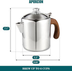APOXCON Coffee Percolator Stainless Steel Coffee Maker with Fireproof Solid Wood Handle & Tough Glass Clear Brew Progress Knob Camping Coffee Pot Using on any Stovetop NO Aluminum NO Plastic (6 Cup)