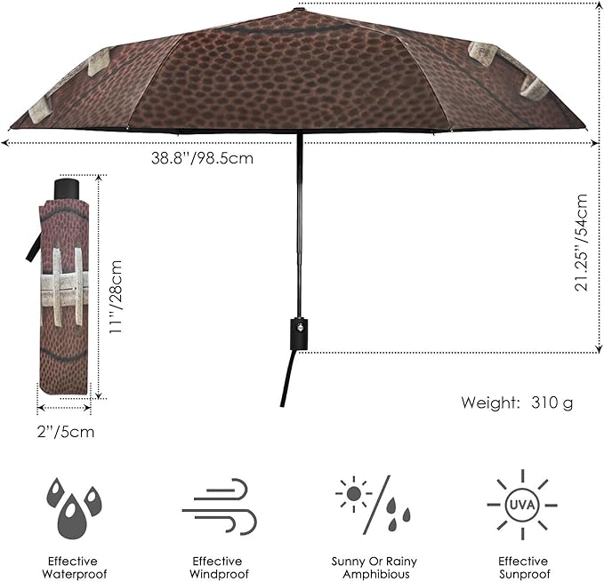 Umbrellas for Rain American Football Laces Travel Umbrella Windproof Sport Ball Folding Automatic Umbrella Compact Car Umbrella Portable Sun Umbrella UV Protection Golf Umbrella 39 in