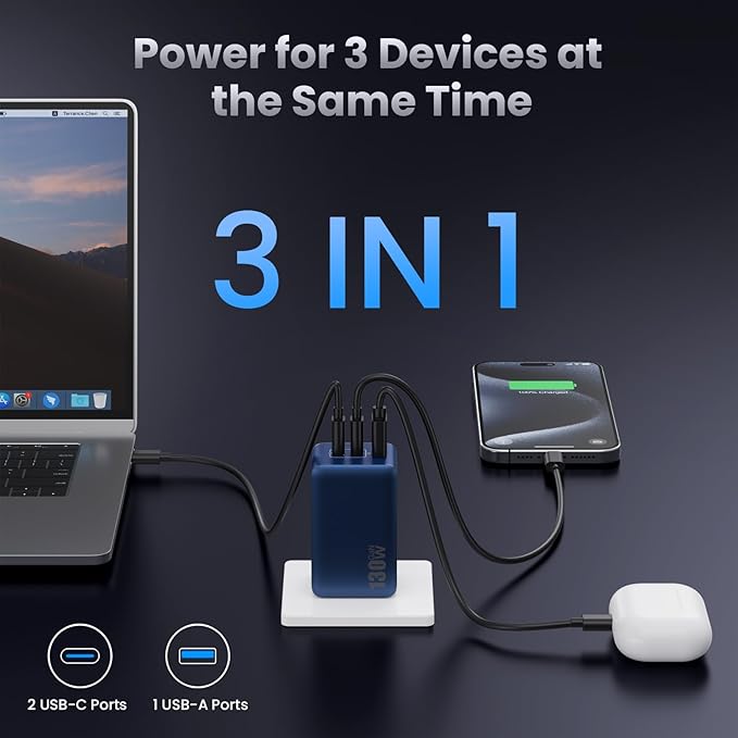 130W USB C Wall Charger,GaN III 3-Port Fast Charging Station,PD QC Foldable Charger Block Portable 65W USB C Laptop Adapter for MacBook Pro/Air,iPad Pro,Galaxy S23,Dell XPS 13,iPhone 16