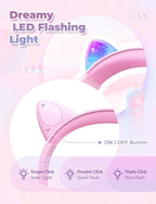 iClever Kids Headphones with Cat Ear Led Light Up, Safe Volume Limite, FunShare, Foldable, Over-Ear Headphones for Kids for School/iPad/Tablet/Travel, Meow Donut-Pink