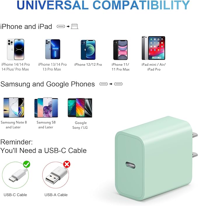 iPhone Charger Fast Charging USB C Charger Block Type C Charging iPad Chargers with 6FT C Chargers Cord Compatible with iPhone14/14 Pro Max/13/13Pro/12/12 Pro/11,iPad(Green)