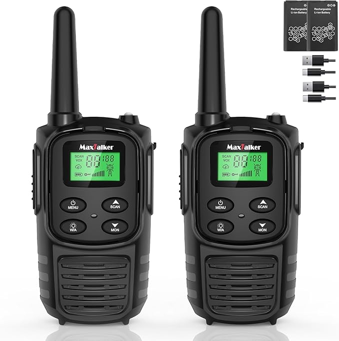 MaxTalker Walkie Talkies Long Range for Adult, MT10 Rechargeable Walkie Talkies FRS Two Way Radio, NOAA, 1200mAh Li-ion Battery USB-C Cable, LED Flashlight, VOX Walkie Talkie for Hiking Camping 2Pack