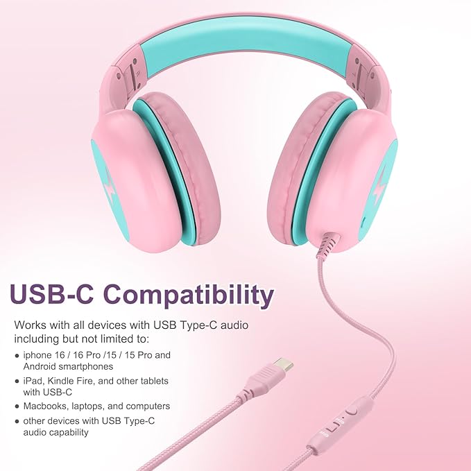 Voopwink Kids Headphones Wired with Microphone, USB Type C Headphones for Kids Girls Boys with Cord/LED Lights/85/94dB Volume Limit, Portable Over Ear Headphones for School/Travel/Tablet/iPad