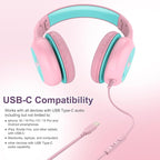 Voopwink Kids Headphones Wired with Microphone, USB Type C Headphones for Kids Girls Boys with Cord/LED Lights/85/94dB Volume Limit, Portable Over Ear Headphones for School/Travel/Tablet/iPad