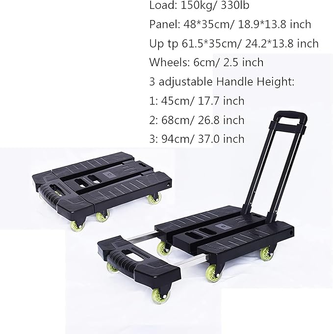 Heavy Duty Folding Hand Truck - 330 Lbs Capacity 6-Wheel Flatbed Trolley with Extendable, Portable Utility Cart for Home, Office, Travel & Shopping Black 2.5inch-Mute