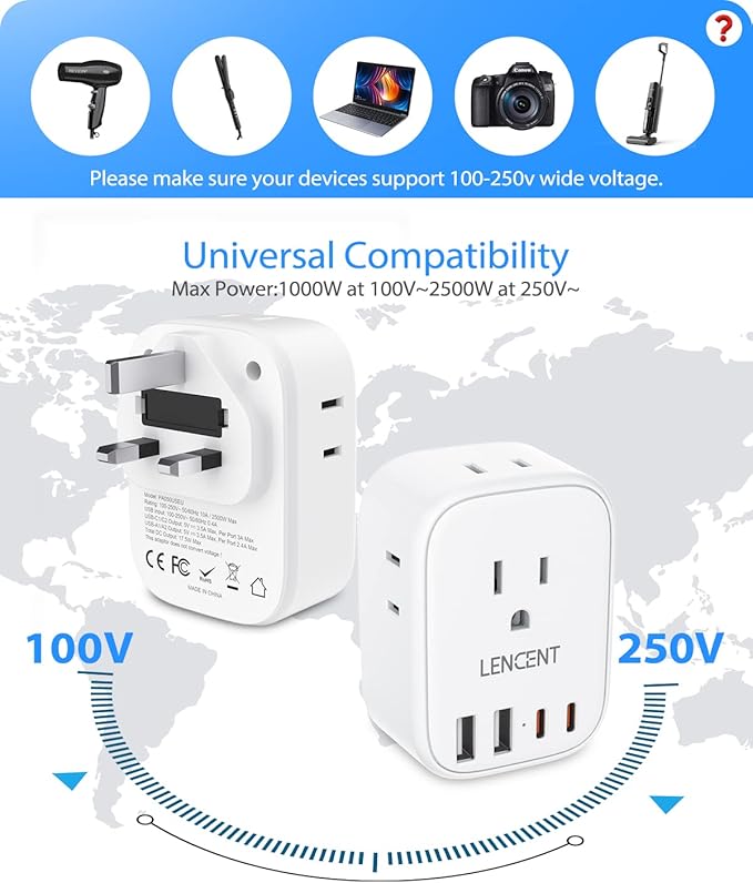 LENCENT 3 Pack US to UK Ireland Travel Plug Adapter,Grounded Type G Adapter For Travel with 4 Outlets 4 USB Ports (2 USB C), Power Plug for USA to Dubai Scotland British London England Hong Kong