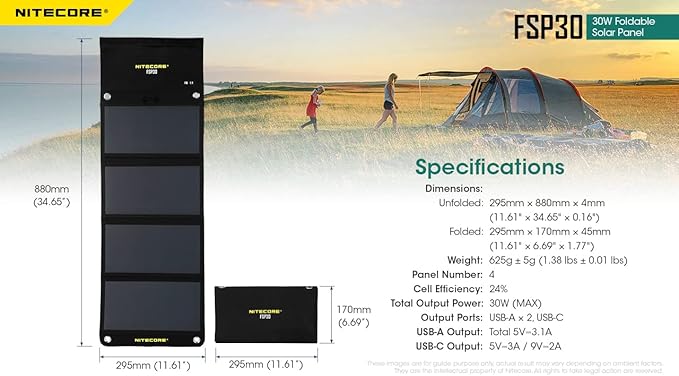NITECORE FSP30 30W Portable Solar Charger, USB-A & USB 3 Output Ports, High Efficent 4 Foldable Panels for Camping Hiking Van RV Trip Compatible with Phones and Tablets with Nitecore Sticker