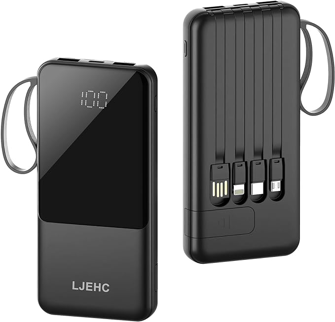 Portable Charger with Built in Cables,10000mAh Slim USB C Power Bank,5 Output 3 Input LED Display High Speed External Battery Pack Travel Phone Charger for iPhone Samsung Pixel LG Moto iPad,Black