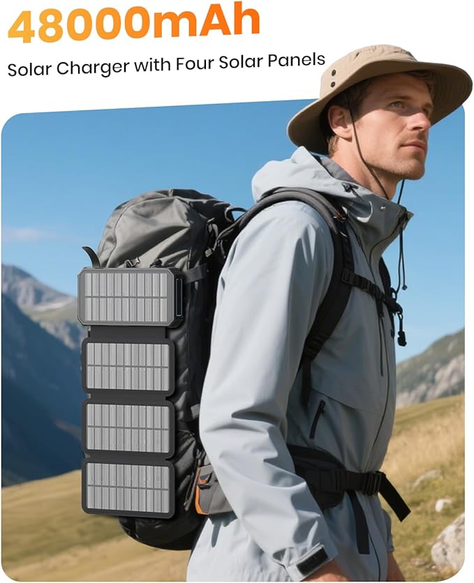 SOARAISE Solar Charger Power Bank - 48000mAh Wireless Portable Charger Built-in 4 Cables and 4 Solar Panels, PD QC 3.0 Fast Charging USB C Battery Pack with Flashlight for Camping Travel (Blue)