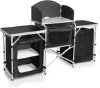 CampLand Folding Camping Kitchen Table with Windscreen,Portable Outdoor Cooking Station with Storage Cabinet & Side Tables Heavy Duty Camp Cook Station for Camping & BBQ (Black3cabinet)