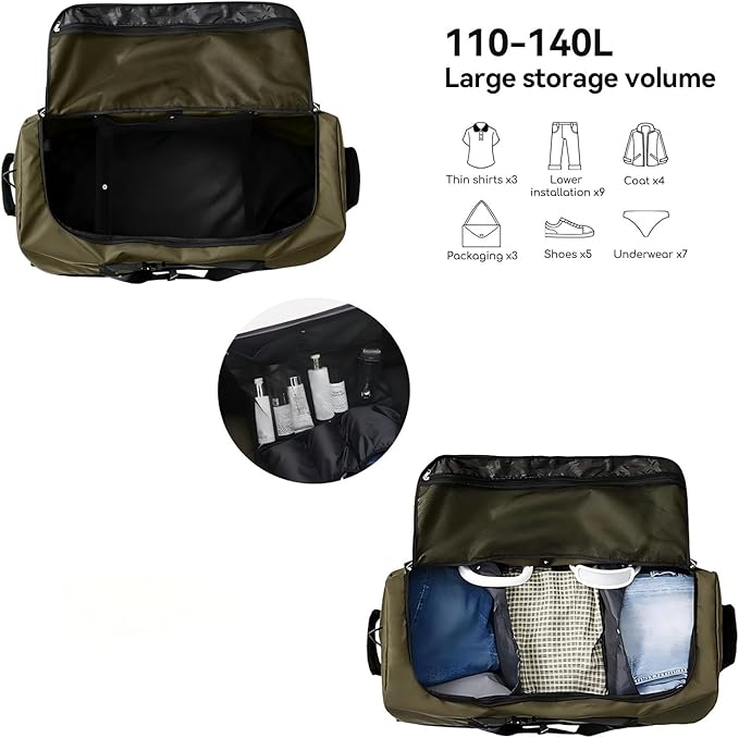Rolling Duffle Bag with Wheels,110L/140L Expandable Soft-Sided Foldable Duffle Bag with 2 Rubber Wheels,Packable 32” Rolling Carry-On with Multi-Pockets & Compartments (Green)