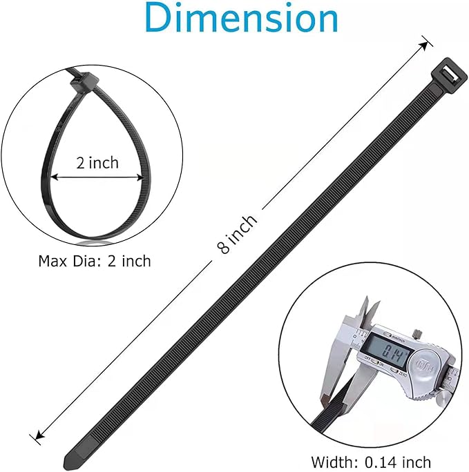 Zip Ties 8 inch (1000 Pack), 40lbs Tensile Strength, Black Cable Ties, Wire Ties for indoor and outdoor use, by Skalon