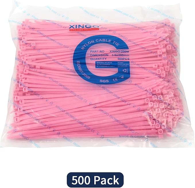 XINGO 8 Inch Pink Cable Zip Ties (500 Pack), 40 Lbs Tensile Strength-Heavy Duty, Self-Locking Nylon Plastic Nylon Wire Ties for indoor and outdoor use