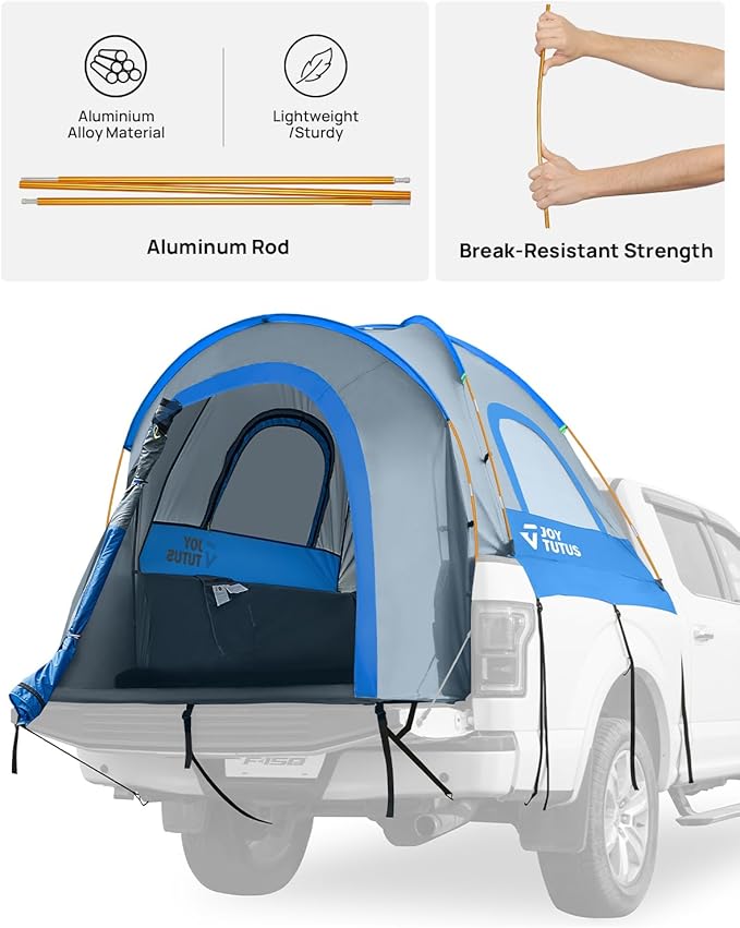 JOYTUTUS Truck Tent, Portable Truck Bed Tent with Rainfly, Truck Tent for 5.0'-5.2' with Aluminum Pole, Waterproof PU2000mm Double Layer for 2 Person - Blue