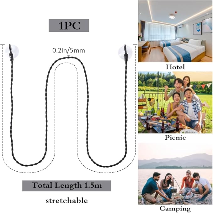 GORGECRAFT 2Pcs Travel Clothesline Black Nylon Stretch Rope Portable Retractable Laundry Windproof Clothing Drying Line with Hooks Suction Cup Holders for Camping Indoor Outdoor Accessories