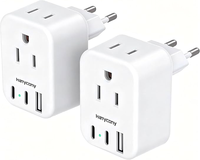 HANYCONY European Plug Adapter, US to Europe Power Adapter with 2 Outlets & 3 USB Ports (2 USB C), Type C Travel Adapter for Italy, Spain, France, Germany, Greece, Iceland, Essentials for Cruise Ship