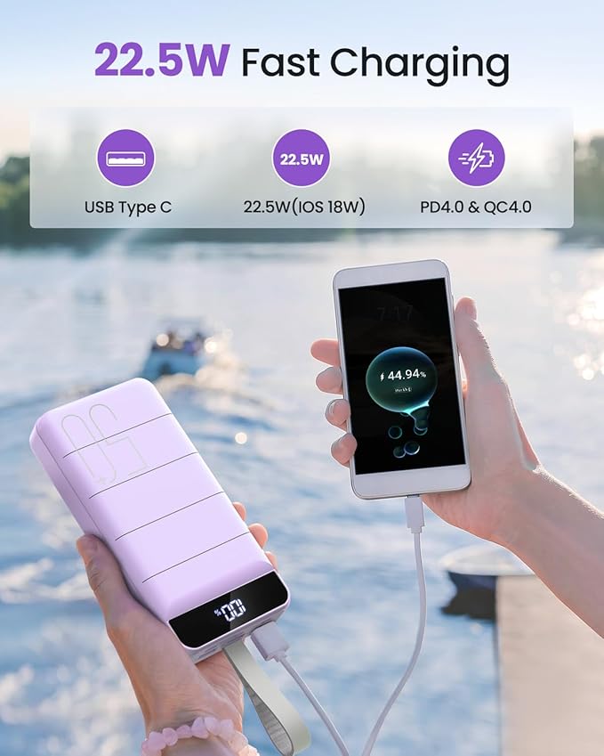 Power Bank Fast Charging 50000mAh - 22.5W Portable Charger USB C Quick Charge with 4 Outputs & 3 Inputs LED Display Huge Capacity External Battery Pack for iPhone, Samsung, iPad etc Purple
