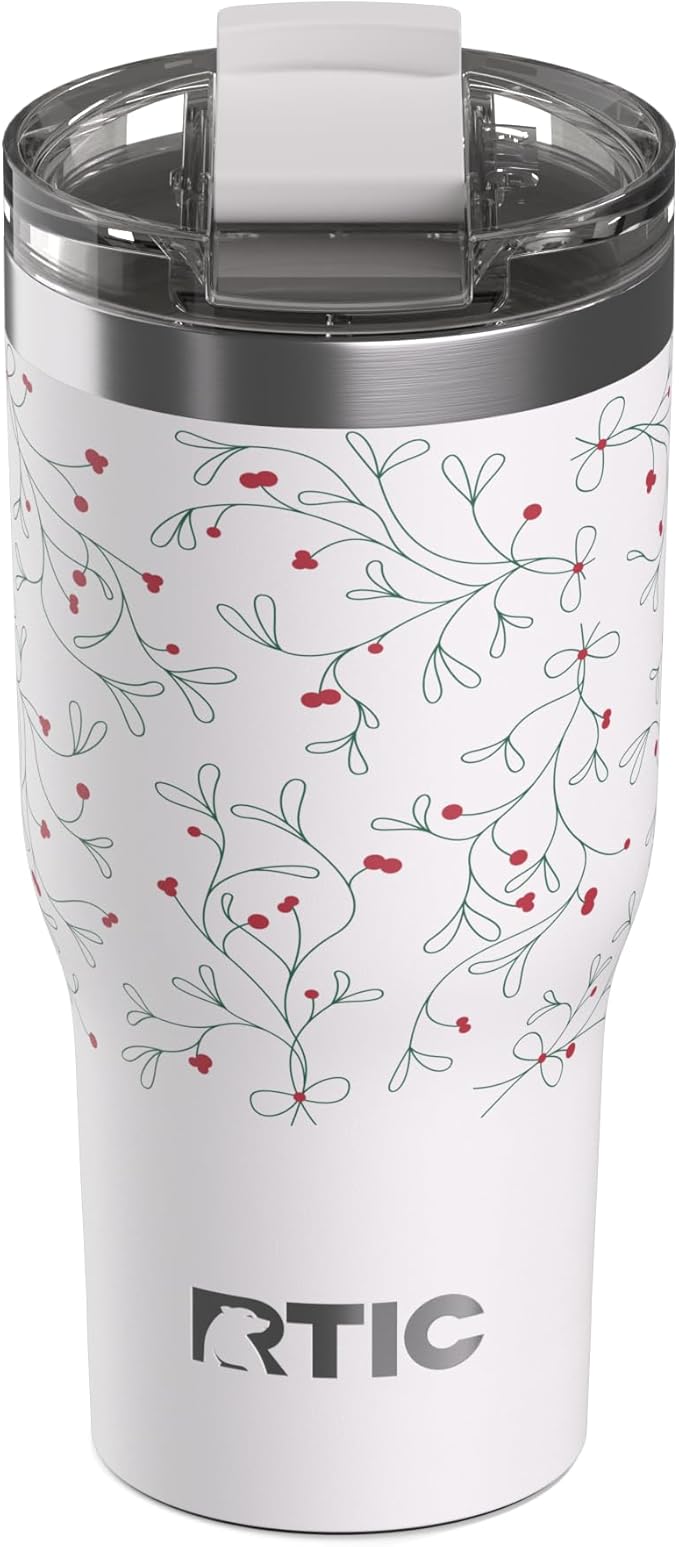 RTIC 20oz Essential Tumbler with Lid, Ceramic Lined, Insulated, Stainless Steel, Metal, Double Wall Vacuum-Insulation, Travel Cup for Iced Coffee, Tea, Hot and Cold Drink, Mistletoe