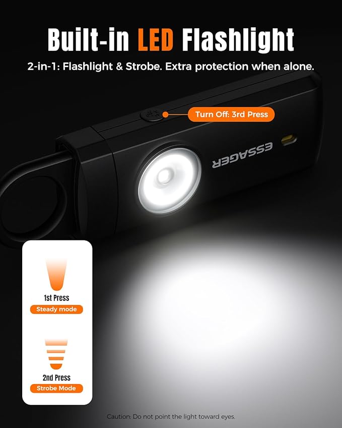 ESSAGER Personal Safety Alarm for Women, 130 dB Self Defense Siren, Rechargeable & Portable with Keychain and Carabiner, Low Battery Notice, LED Strobe Light for Kids, Seniors, College Students(Black)