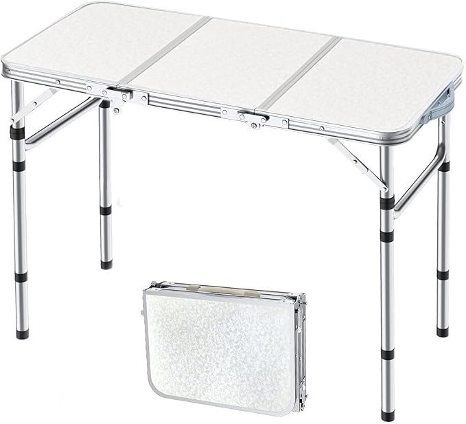 Yriuat Folding Camping Table 3ft Portable Pinic Table Adjustable Height Small Card Table Aluminum Foldable Lightweight with Carry Handle for Outdoor Indoor Hiking Camp BBQ Beach